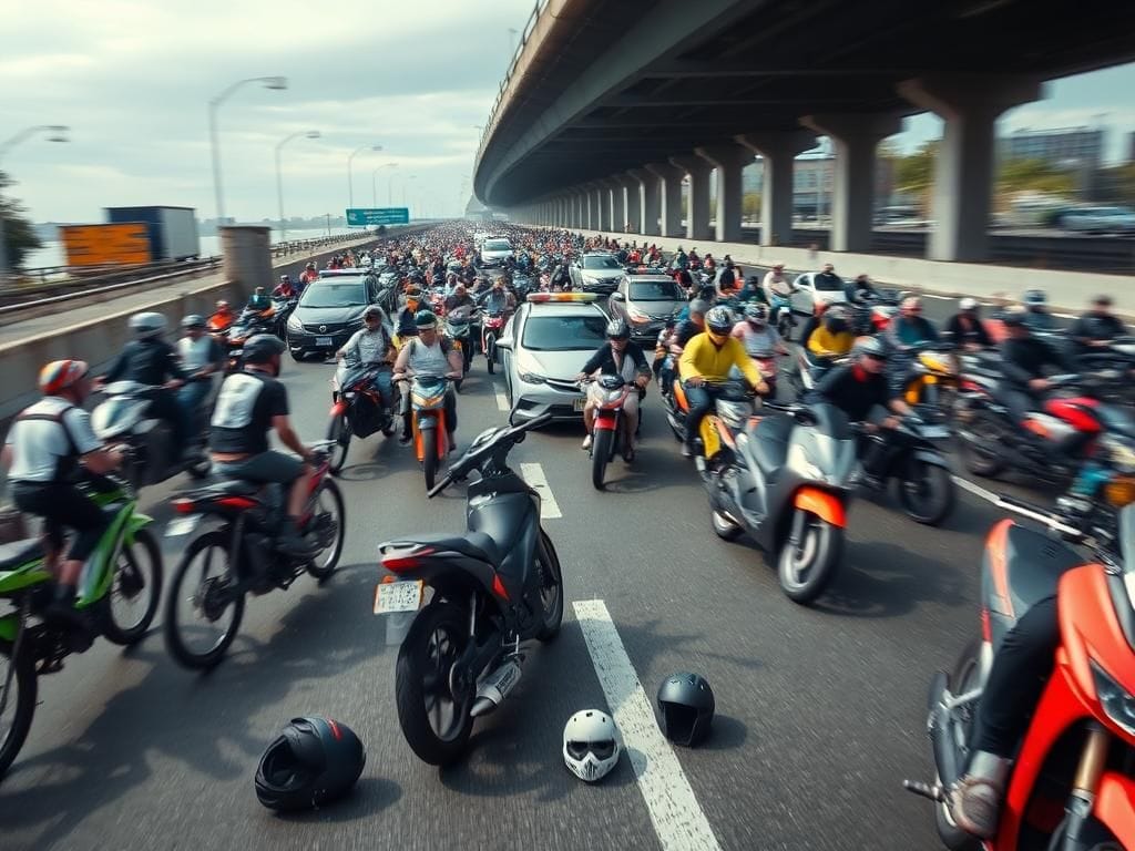 Flick International Chaotic scene of bike-riding youths on a Boston highway during rush hour