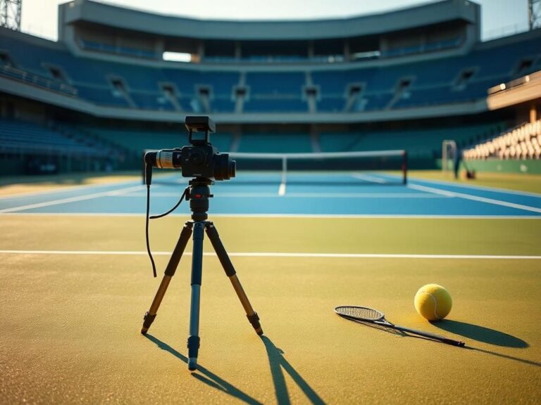 Flick International Close-up of a tennis court with freshly chalked baselines and service boxes in the early morning light.