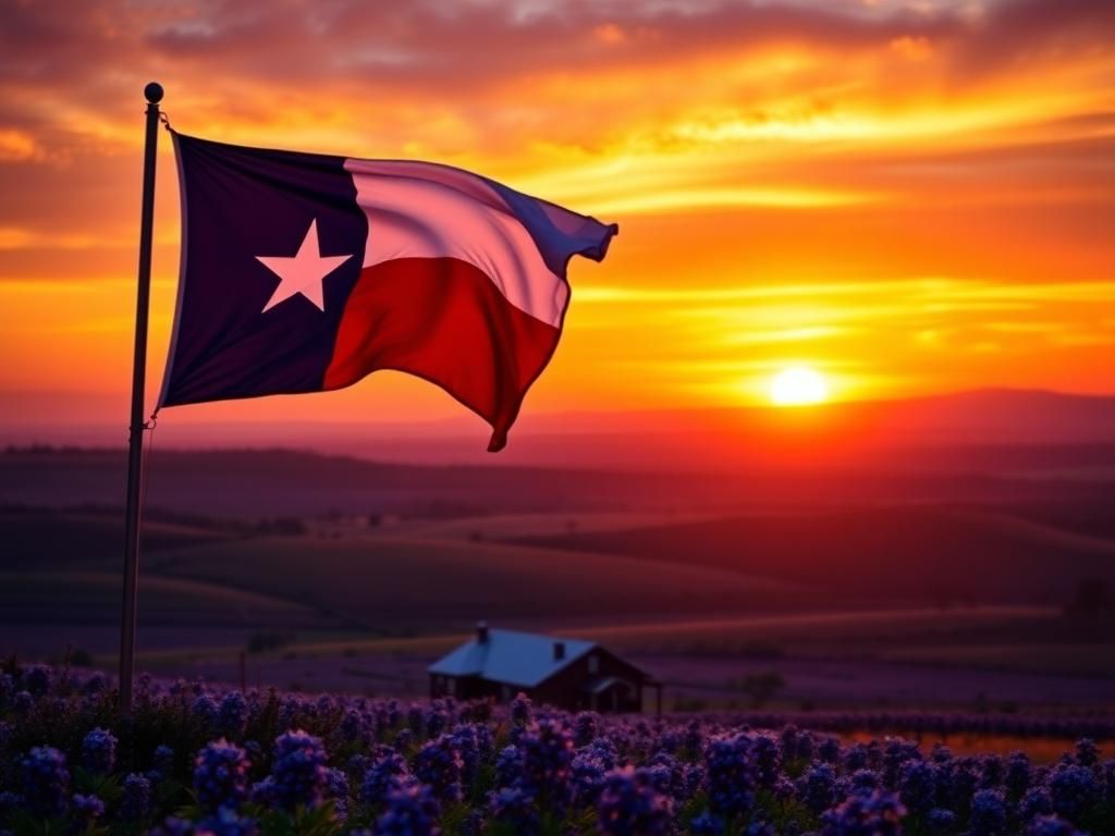 Flick International Vibrant Texas sunset with a waving Texas flag in the foreground