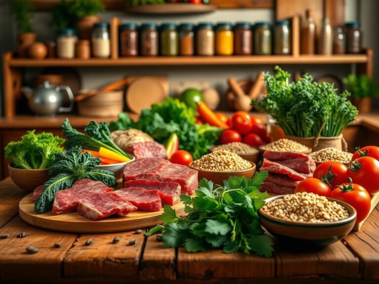 Flick International Fresh ingredients on a rustic wooden table featuring lean cuts of red meat and colorful vegetables