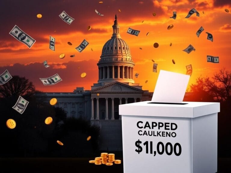 Flick International A dramatic sunset view of the Texas State Capitol building surrounded by symbols of campaign finance