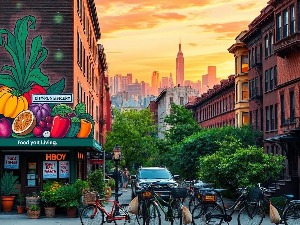 Flick International Urban scene in New York City featuring a city-run grocery store and vibrant street art promoting affordable living