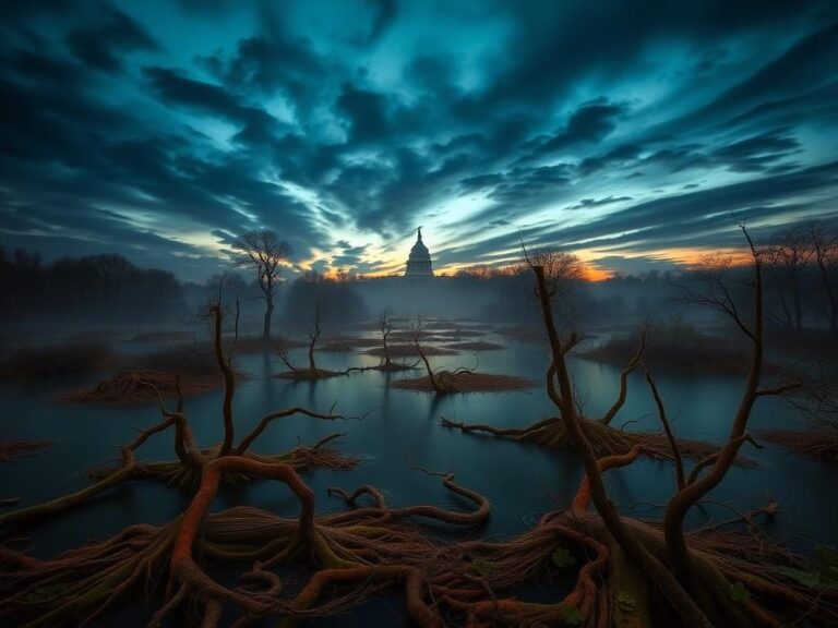 Flick International A metaphorical representation of political 'swamps' across all 50 states at dusk