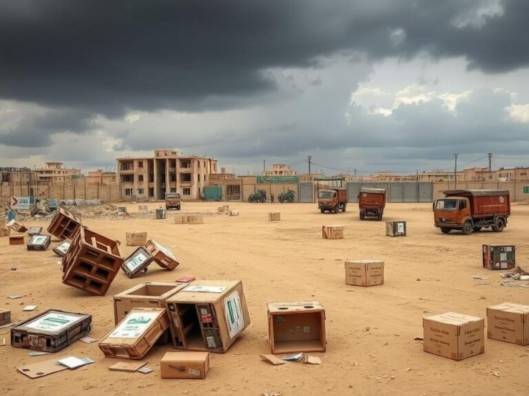 Flick International A desolate landscape in Gaza with overturned crates and empty aid boxes amidst a gray, overcast sky.