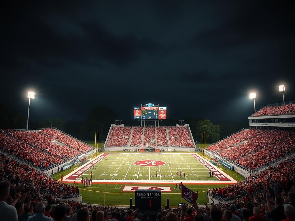 Flick International Dramatic night game at a college football stadium featuring Alabama Crimson Tide colors