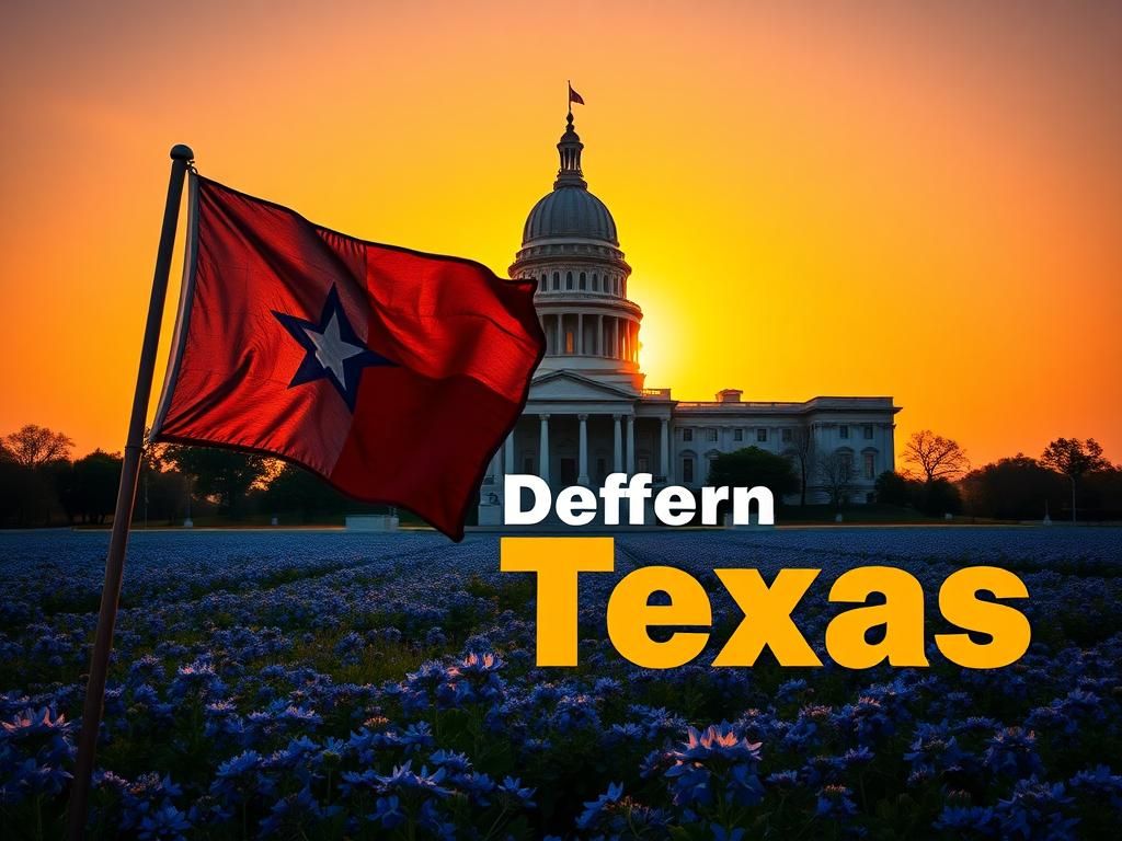 Flick International Majestic Texas state capitol building at sunset with Texas flag and bluebonnets