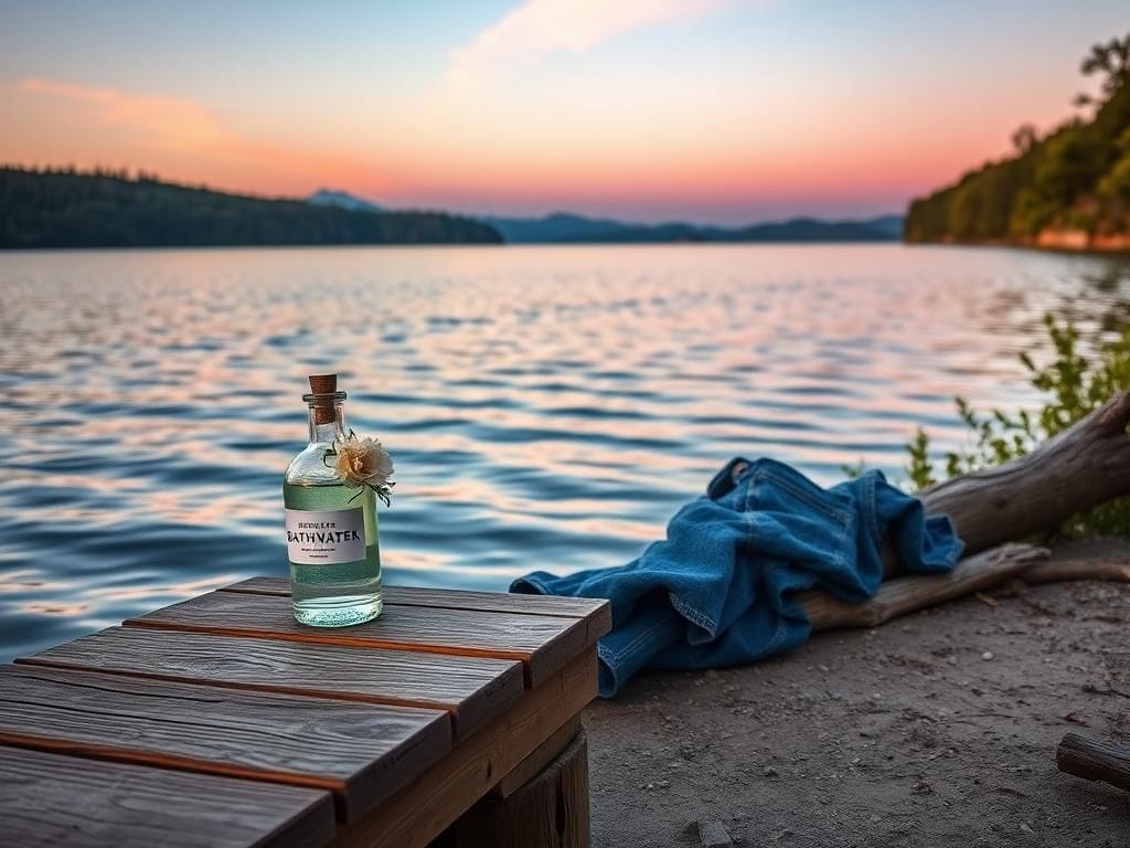 Flick International Serene lakeside view at dusk with a vintage bottle of bathwater soap