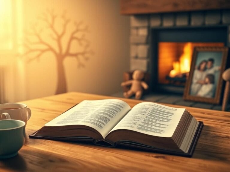 Flick International Open Bible on a wooden table with warm lighting and family tree silhouette