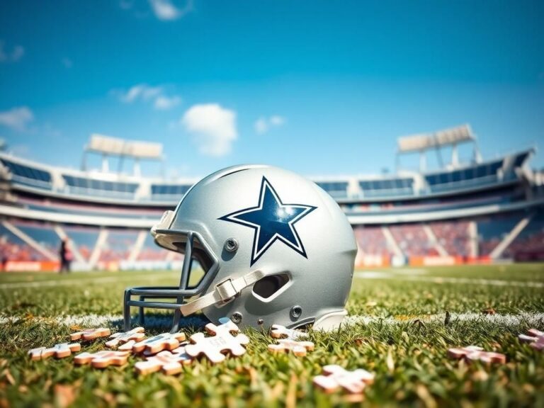 Flick International Close-up of a Dallas Cowboys helmet on a football field surrounded by jigsaw puzzle pieces, symbolizing negotiation complexities.