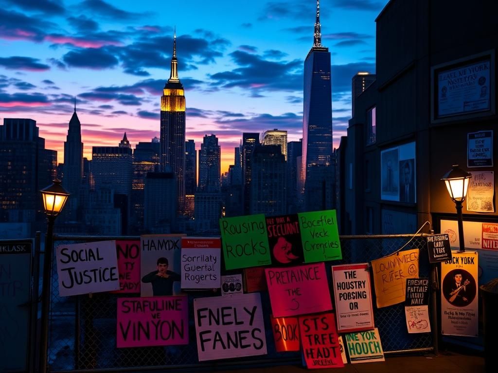 Flick International New York City skyline at dusk with protest signs