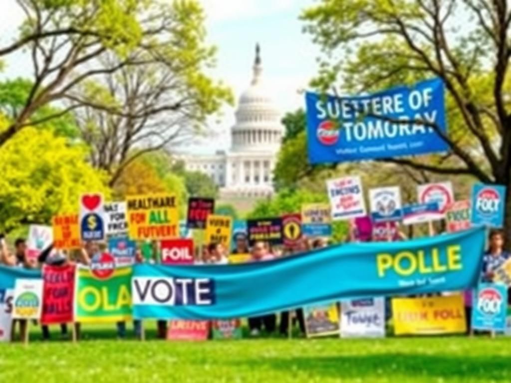 Flick International A vibrant outdoor scene at the Voters of Tomorrow Summit in D.C. showcasing youth activism with colorful banners and signs.