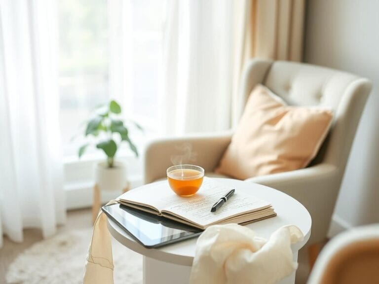 Flick International A cozy armchair and small table with herbal tea and notebook in a serene room