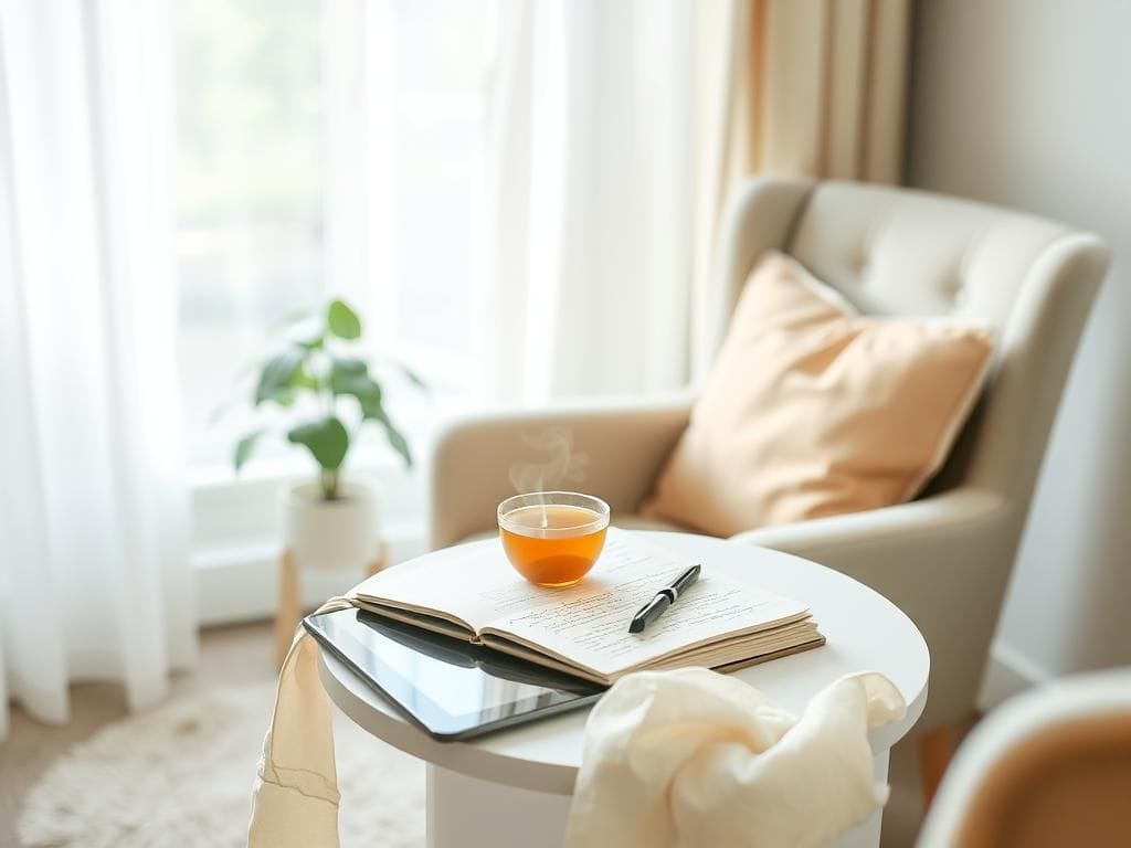 Flick International A cozy armchair and small table with herbal tea and notebook in a serene room