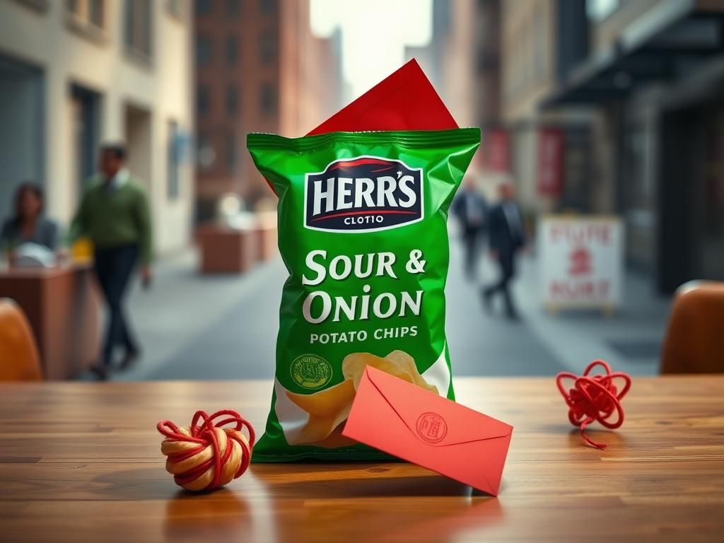 Flick International Bag of Herr’s Sour Cream & Onion potato chips with a red envelope inside