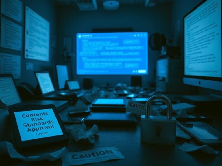 Flick International A dimly lit room with electronic devices displaying chat conversations about AI interactions with children