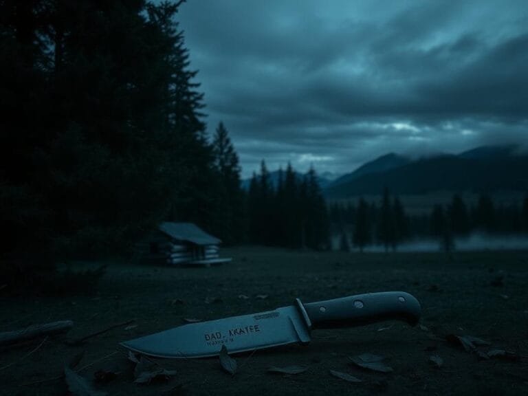 Flick International Atmospheric scene of a rural North Idaho landscape at dusk with a shadowy log cabin and a rusted Ka-Bar knife on the ground.