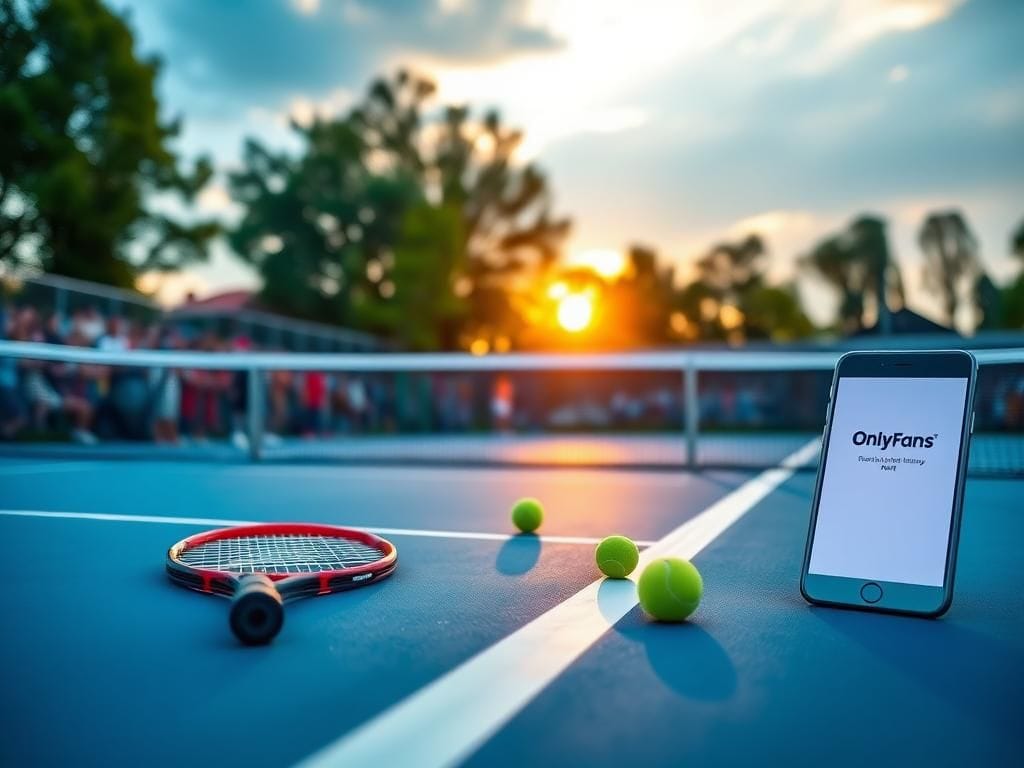 Flick International Tennis court scene at sunset with professional elements and an OnlyFans logo
