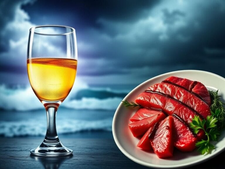 Flick International Partially filled cocktail glass with ominous glow against stormy coastal waves