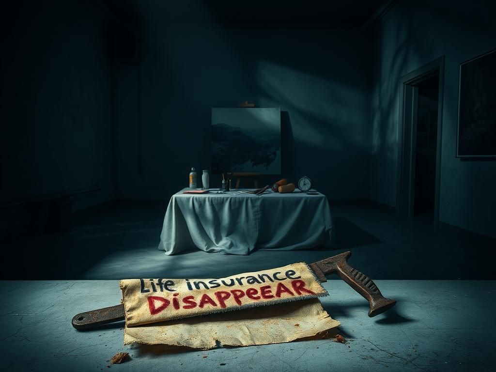 Flick International A dimly lit, eerie interior of an abandoned art gallery with a hacksaw and discarded art supplies.