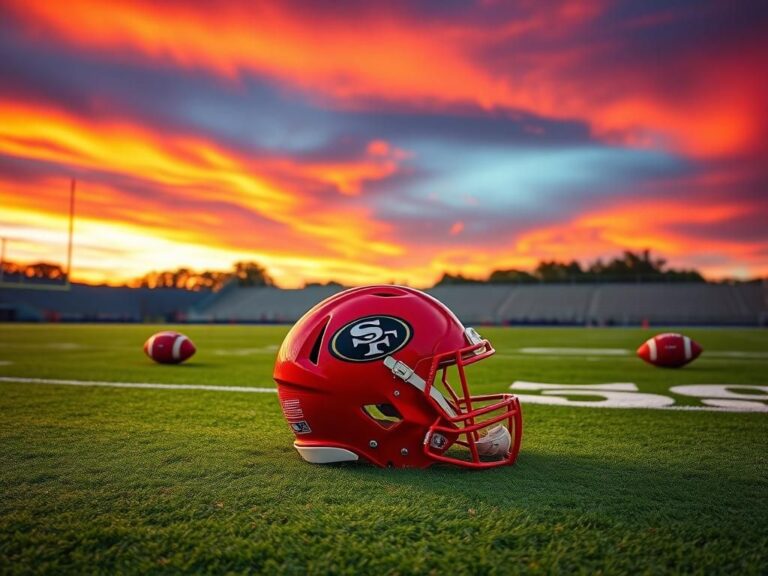 Flick International An empty San Francisco 49ers practice field at sunset with a football helmet and a ball on the turf