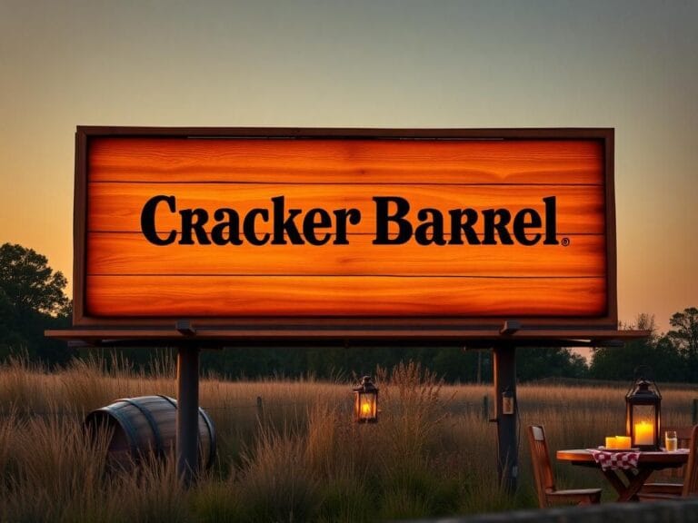 Flick International Rustic wooden billboard displaying Cracker Barrel's new text-only logo with nostalgic elements.