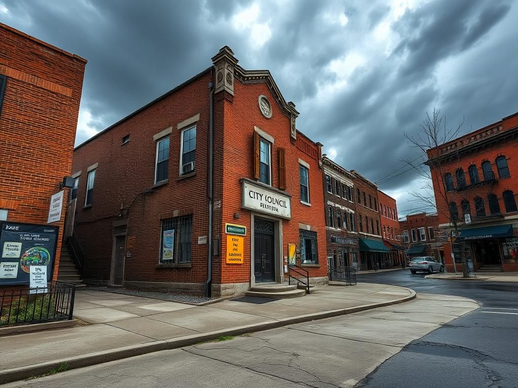 Flick International A somber urban landscape of a Pennsylvania city with historic brick buildings and a weathered city council building symbolizing immigration tension