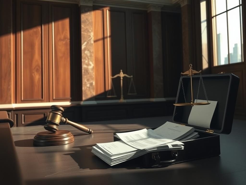 Flick International A dramatic courtroom scene with an imposing gavel symbolizing justice and legal documents on a wooden table