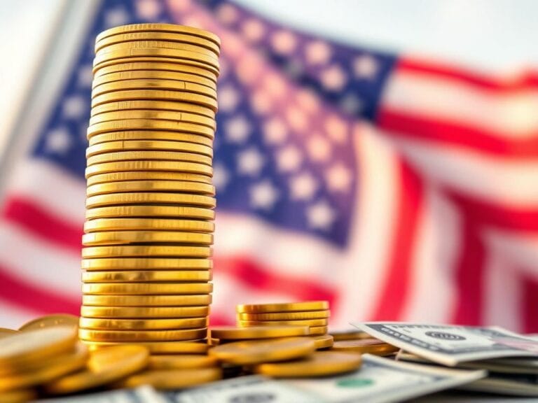 Flick International Close-up of a towering stack of gold coins against a blurred American flag, symbolizing increased tariff revenue