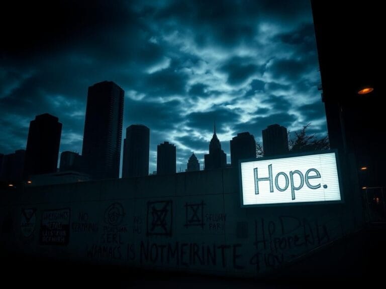 Flick International somber cityscape at dusk featuring graffiti and a message of hope