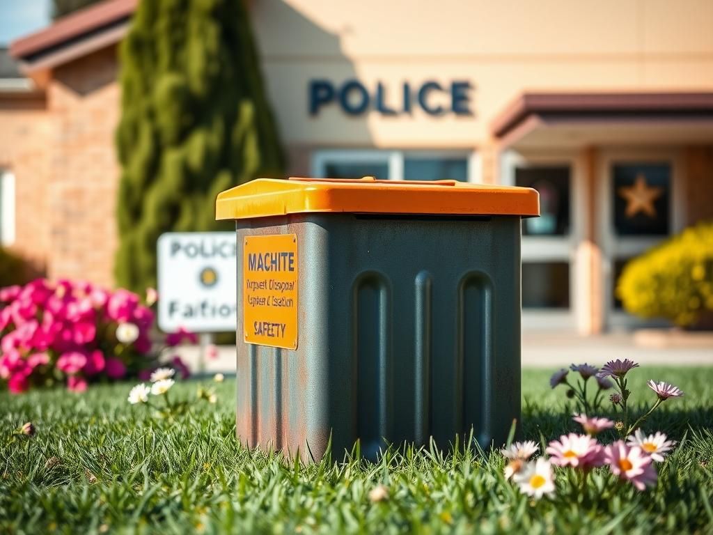 Flick International Close-up of a sturdy machete disposal bin at a suburban police station in Victoria, Australia