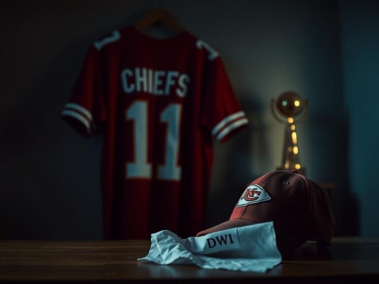 Flick International Blurred Kansas City Chiefs football jersey symbolizing legacy and burden in a serious atmosphere.