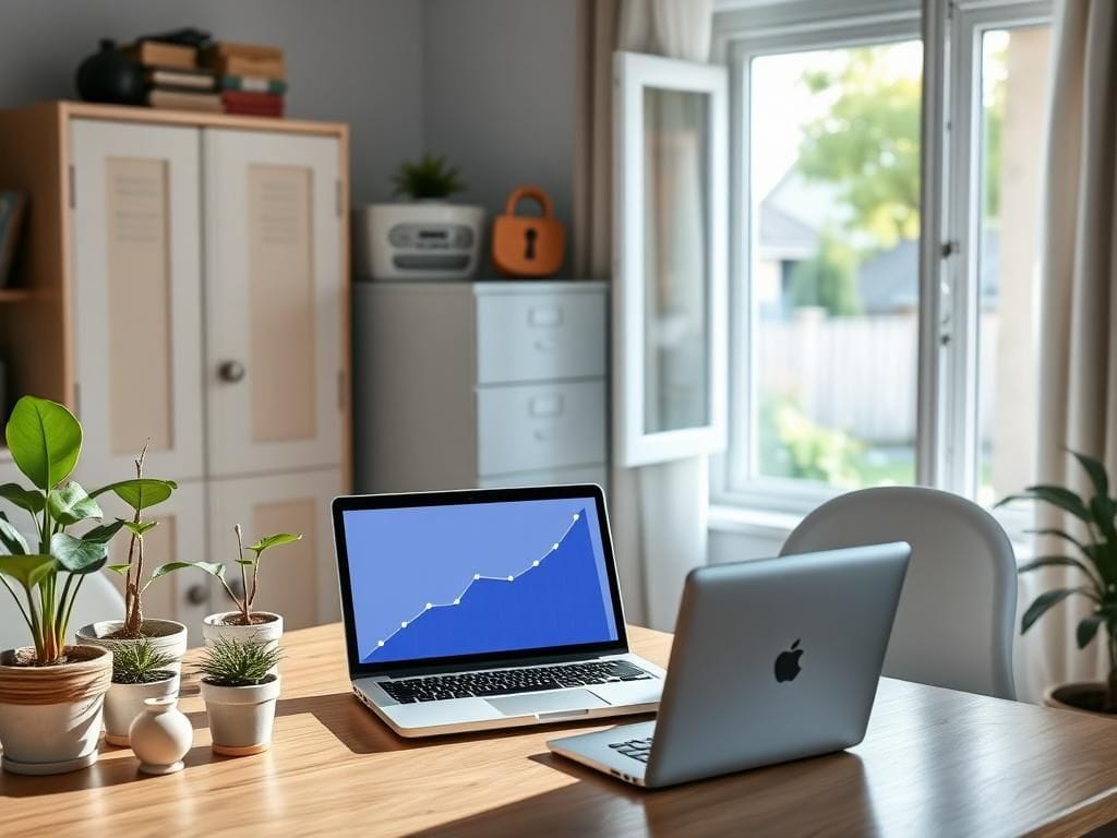 Flick International Cozy home office with laptop showing financial growth and symbols of data protection