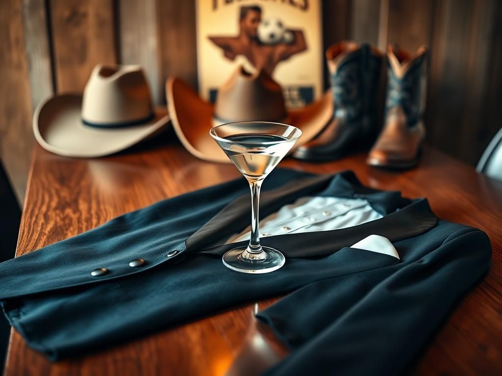 Flick International Elegant tuxedo on a wooden table with cowboy hat and leather boots