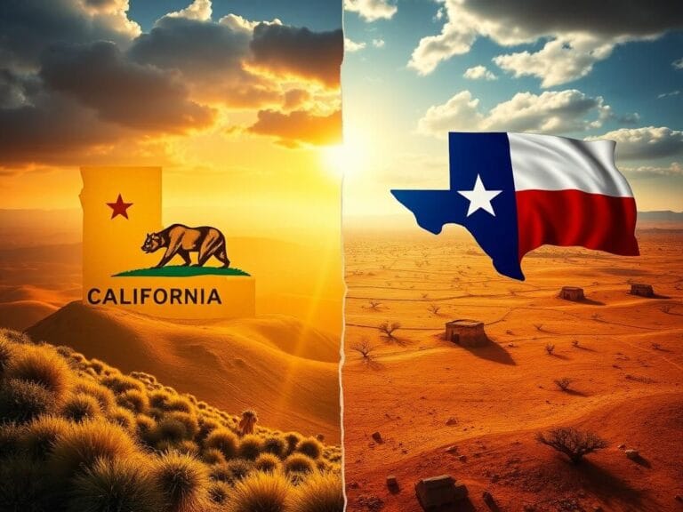 Flick International A split landscape showcasing California's vibrant democracy and Texas's rugged GOP values