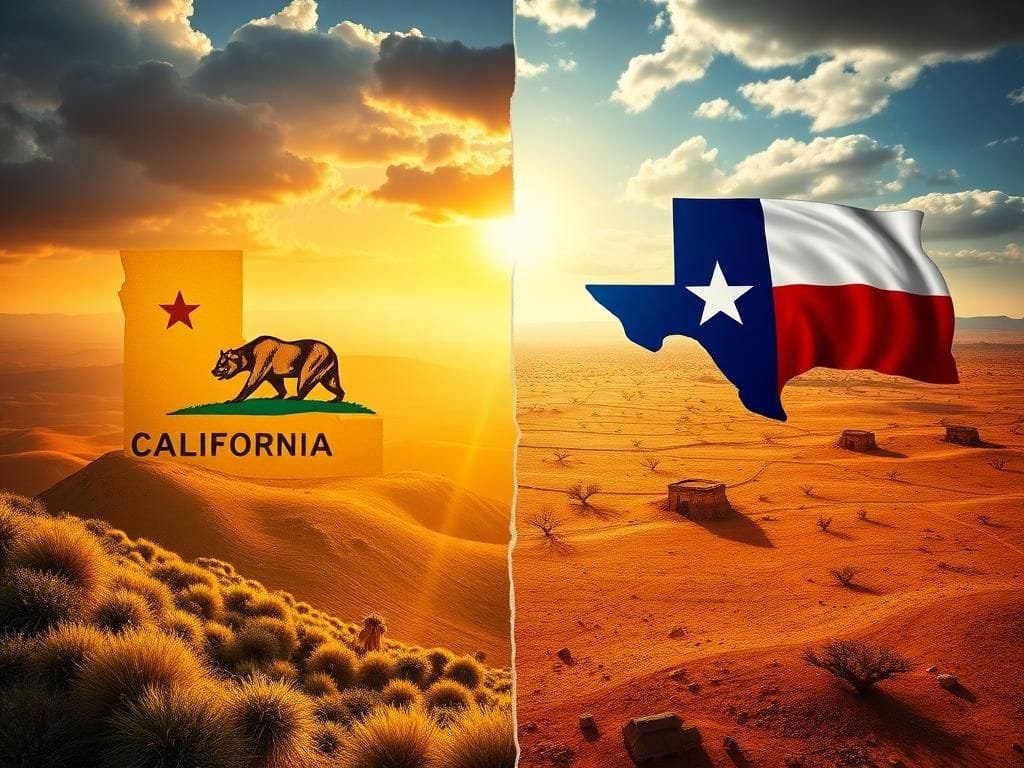 Flick International A split landscape showcasing California's vibrant democracy and Texas's rugged GOP values