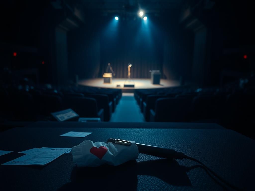 Flick International A dimly lit concert venue with empty seats and a microphone, symbolizing disappointment in the country music scene