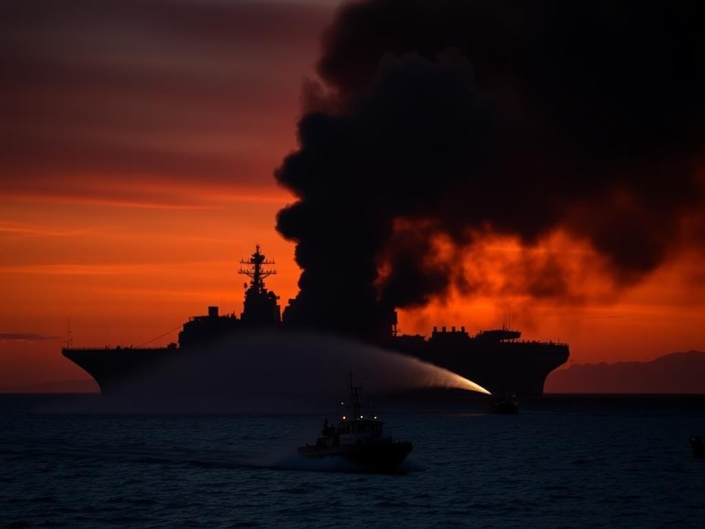 Flick International USS New Orleans engulfed in smoke during fire incident off Okinawa coast