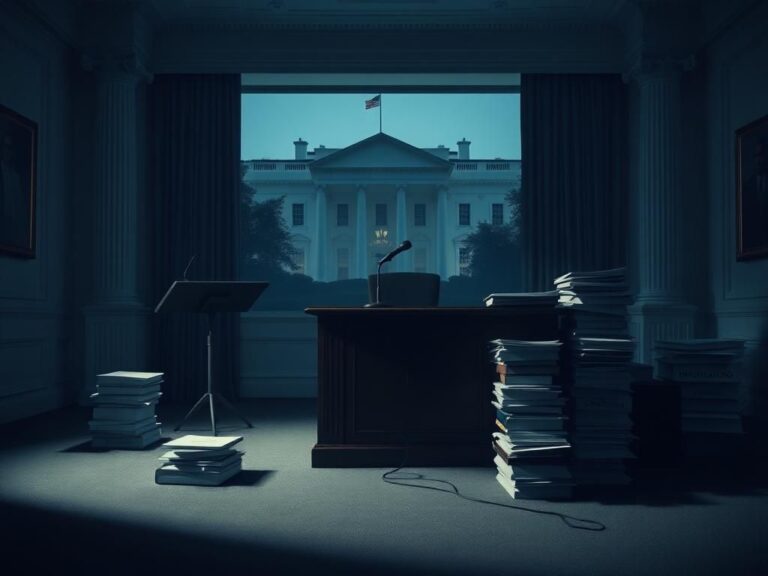 Flick International Dimly lit room in the White House with a large wooden desk and stacks of documents labeled 'Investigations' and 'Confidential.'