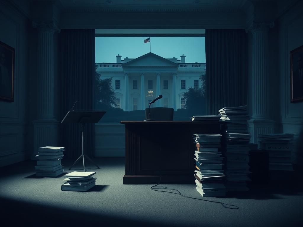 Flick International Dimly lit room in the White House with a large wooden desk and stacks of documents labeled 'Investigations' and 'Confidential.'