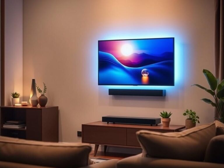 Flick International Cozy living room with a modern streaming setup featuring a wall-mounted TV and soundbar.