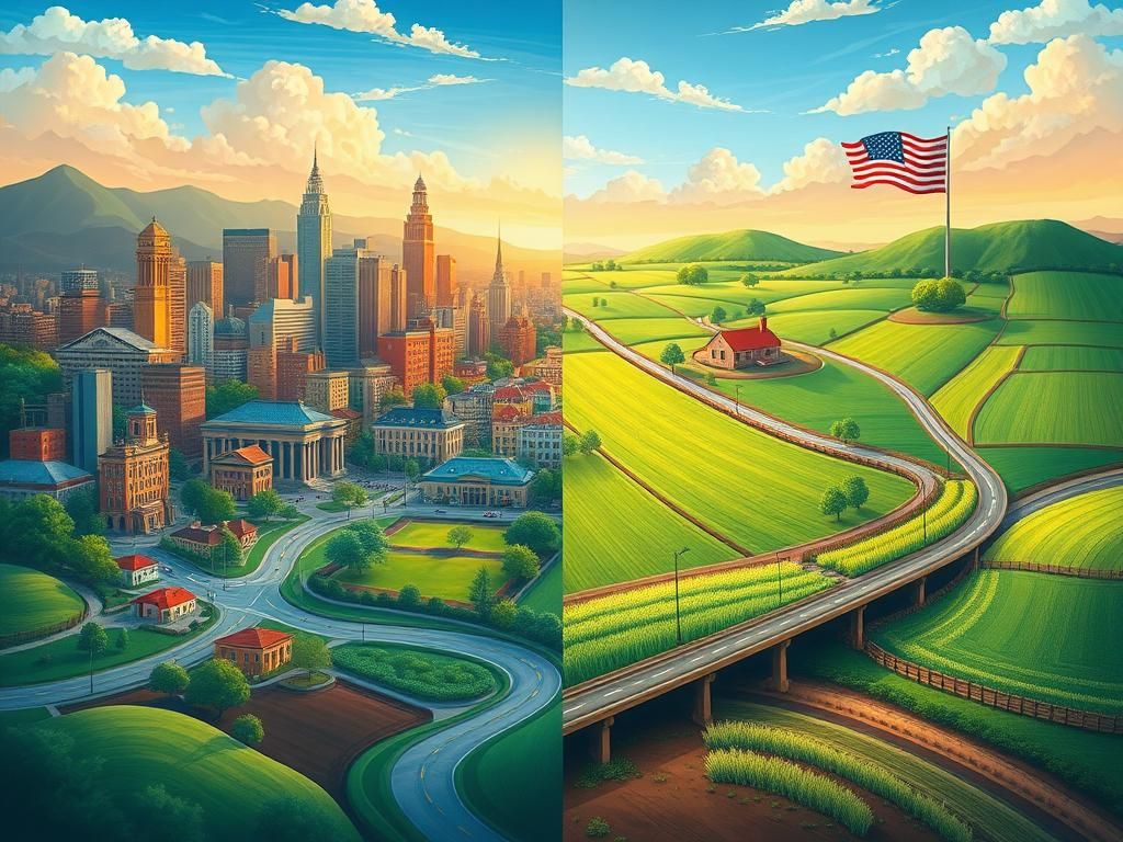 Flick International A split landscape scene depicting a vibrant urban and rural setting symbolizing the diverse American electorate