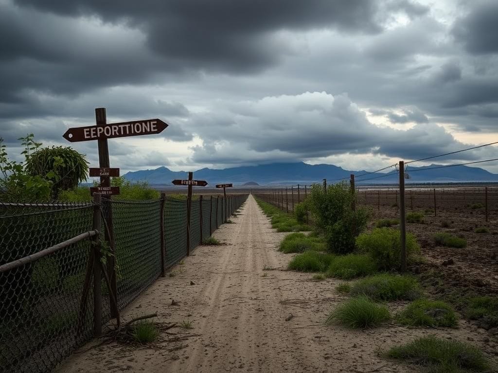 Flick International Somber border landscape depicting migration challenges with a rusty chain-link fence