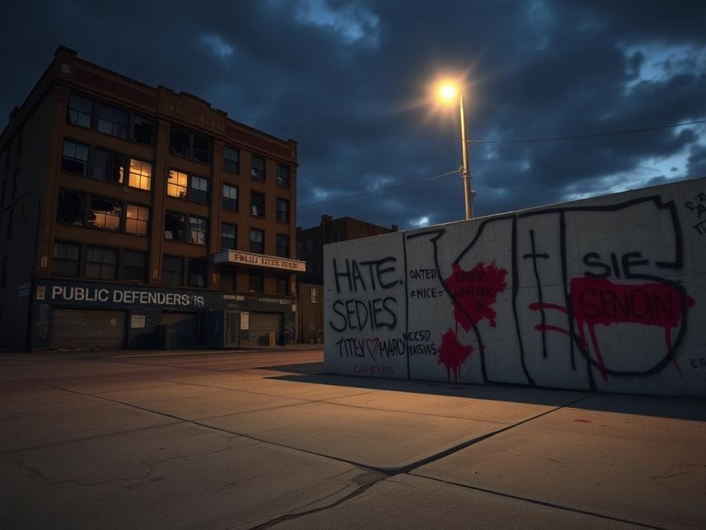 Flick International A crumbling public defender's office building in Brooklyn with shattered windows and graffiti depicting antisemitic symbols.