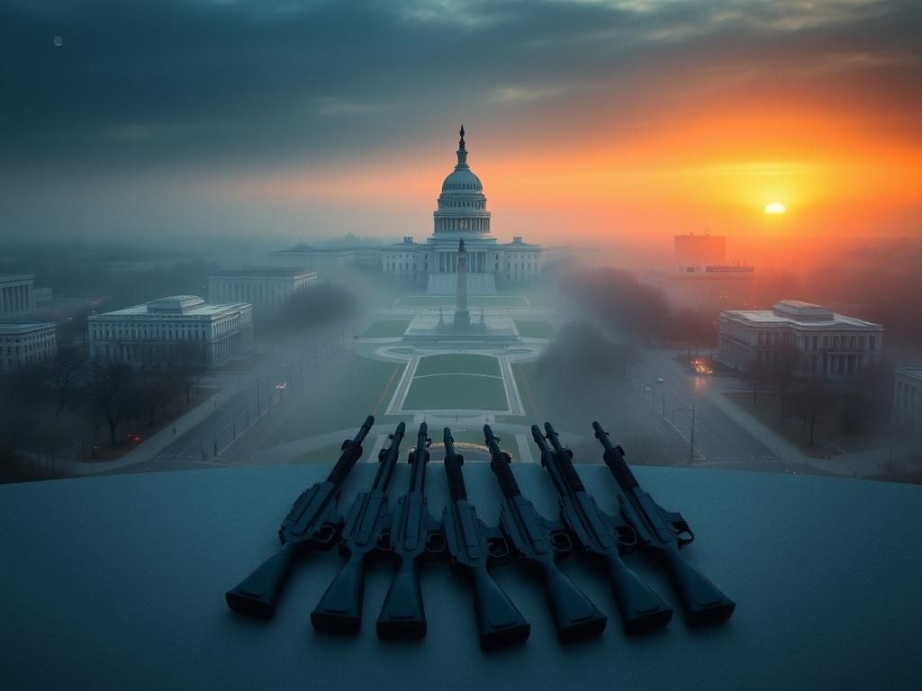 Flick International Aerial view of Washington, D.C. showcasing iconic landmarks in morning fog