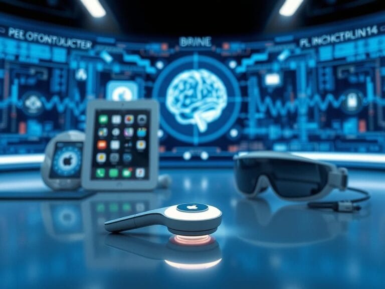 Flick International A sleek brain implant device surrounded by Apple gadgets