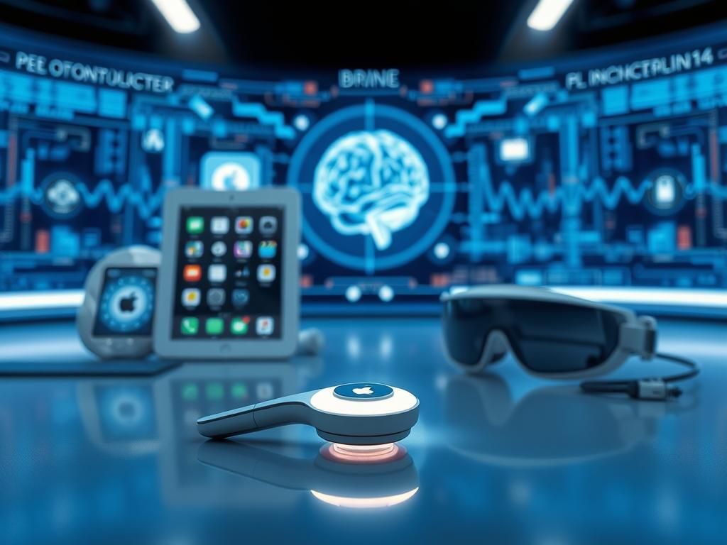 Flick International A sleek brain implant device surrounded by Apple gadgets