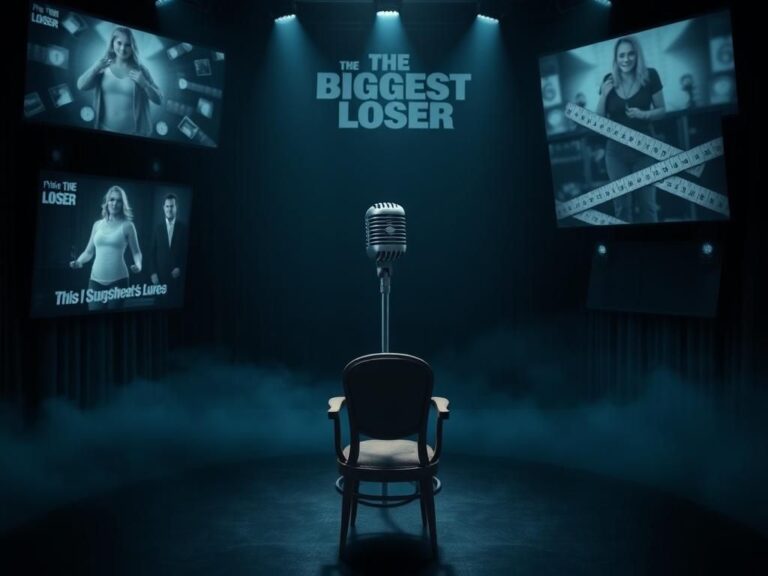 Flick International Dimly lit television studio set with an empty stage and retro microphone