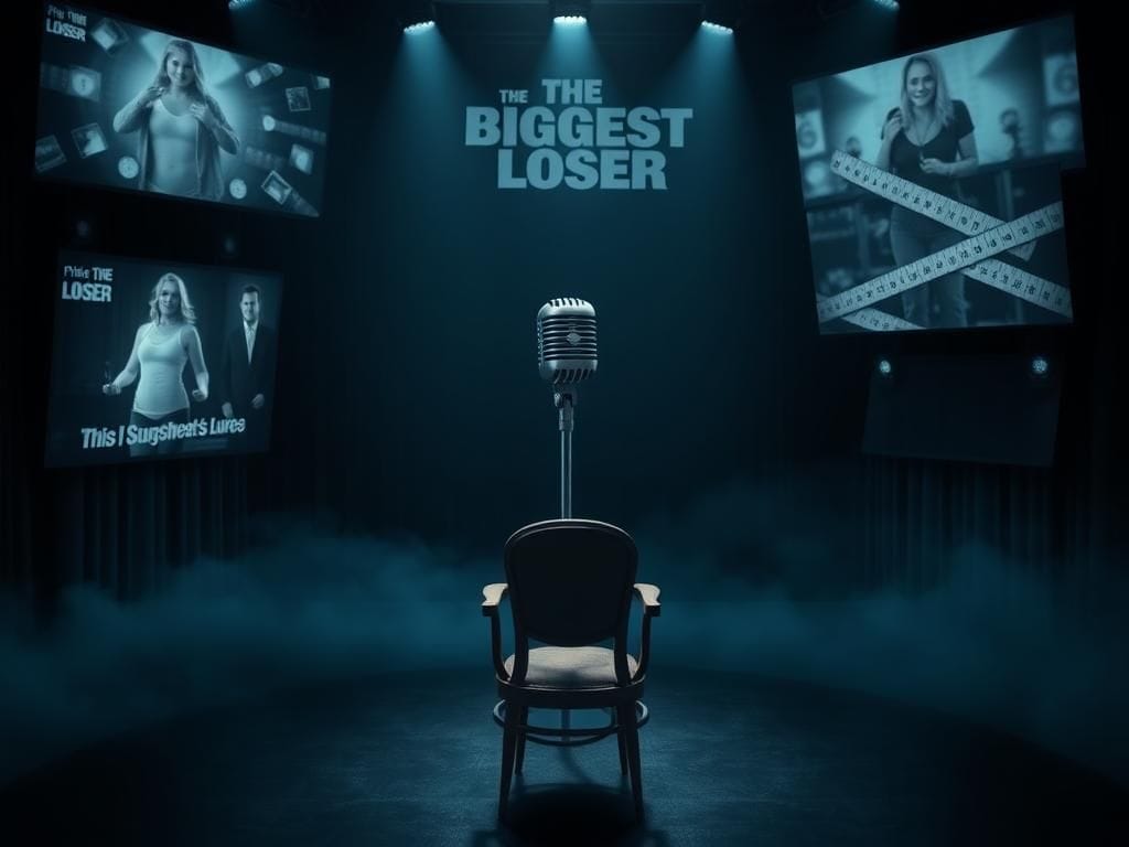 Flick International Dimly lit television studio set with an empty stage and retro microphone