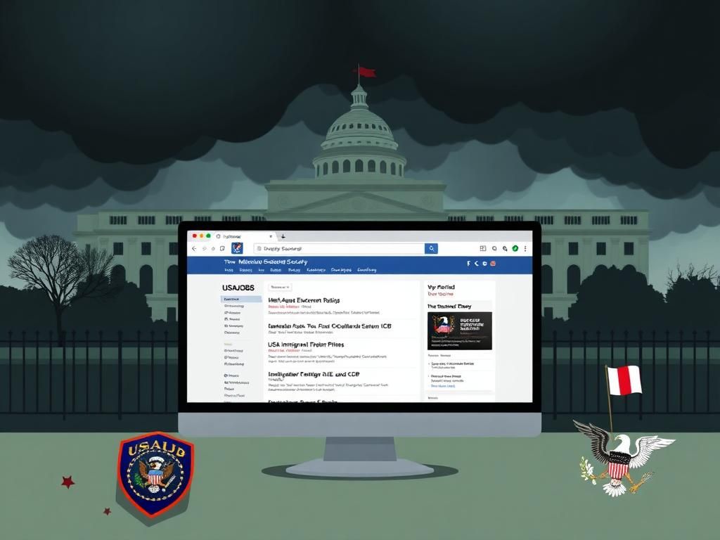 Flick International Large military building, the Pentagon, partially obscured by dark storm clouds with a USAJOBS webpage in the foreground