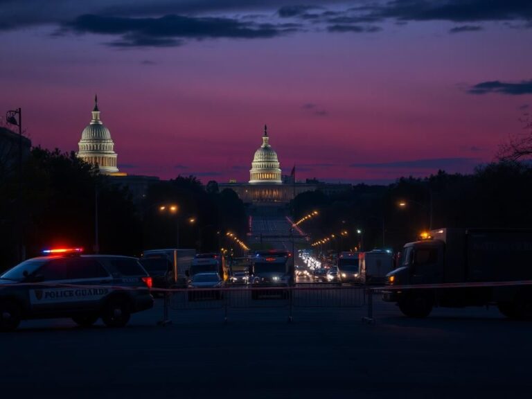 Flick International Dramatic urban landscape of Washington D.C. with police and military vehicles at dusk